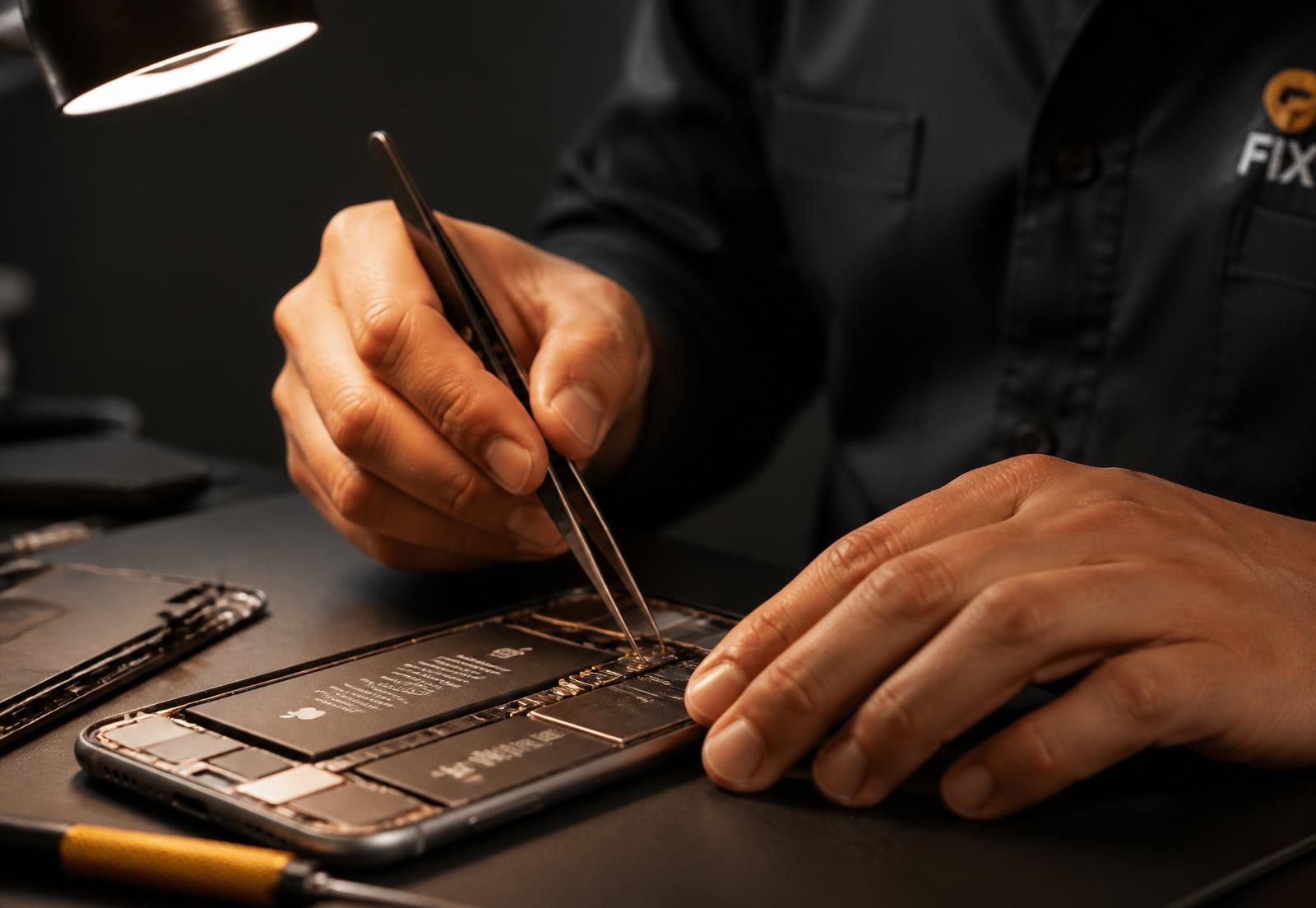 Monteur van Mr. iFix repareert een geopende smartphone met precisiegereedschap